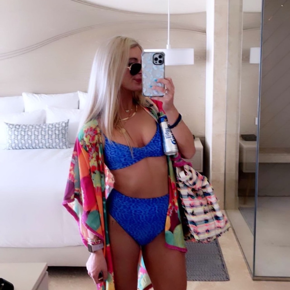 Vibrant Blue Bikini with Colorful Cover-Up